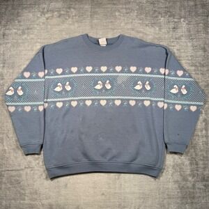 Vintage Grandma Sweatshirt Womans Large Blue Geese Geometric Wrap Around Cottage